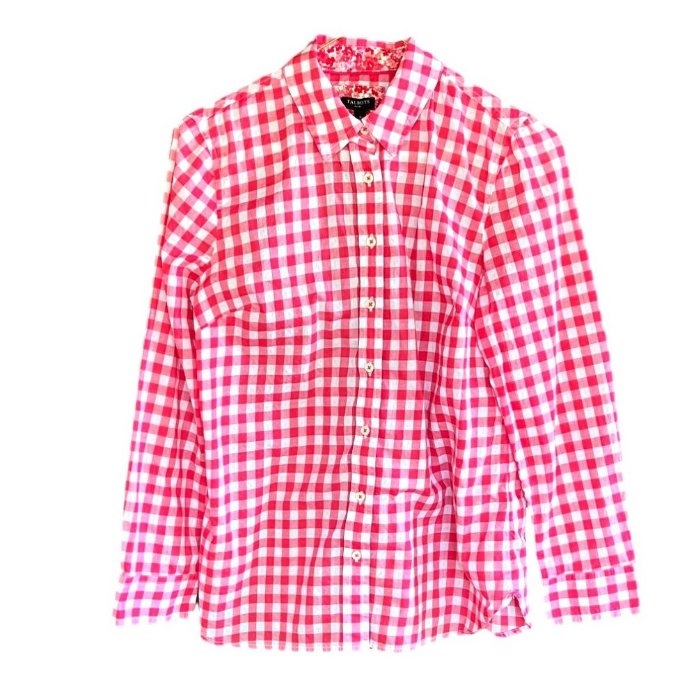 Talbots Petite Red and White Gingham Long Sleeve Button Down Cotton Shirt Sz P